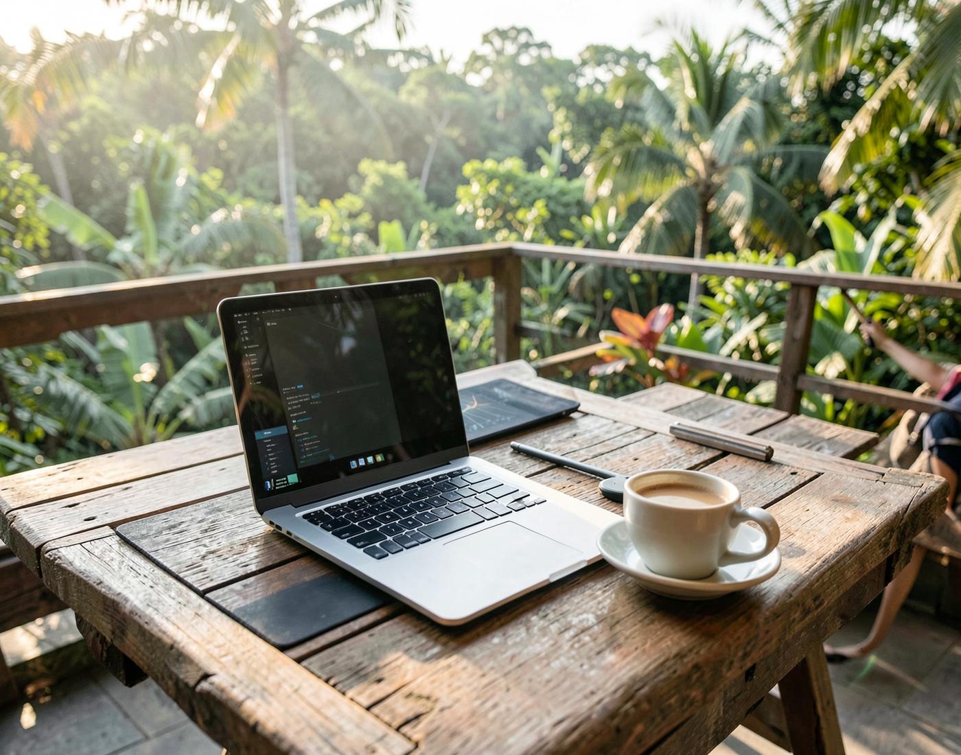 Laptop and coffee on a wooden terrace table surrounded by jungle